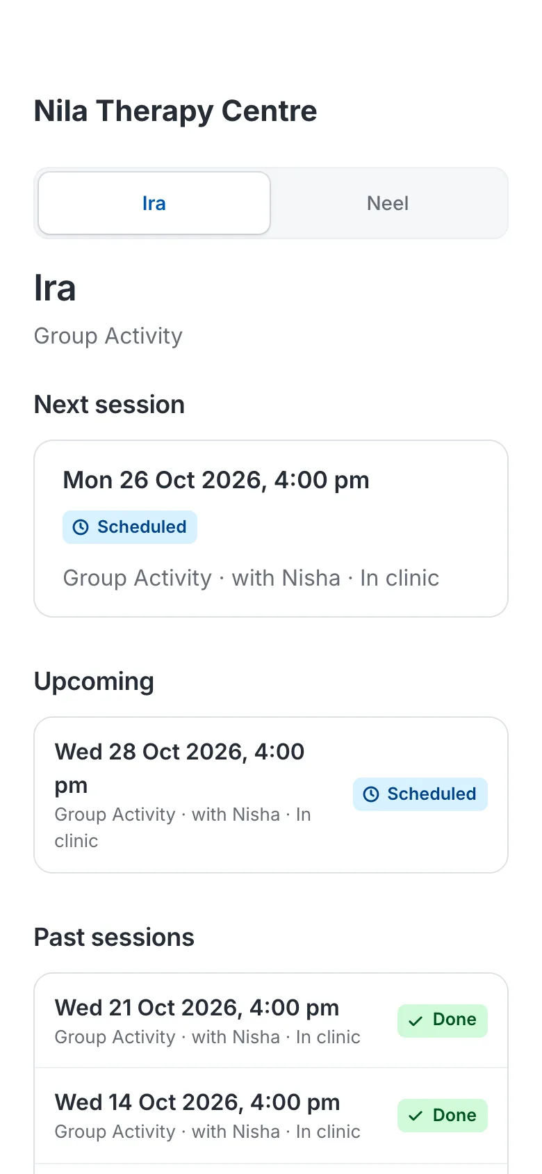 The family page on a parent's phone, in the clinic's name: the next session, upcoming and past sessions