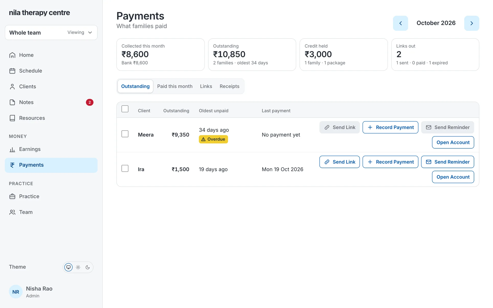 Pomello's Payments page: what each family owes, with Send Link on every row
