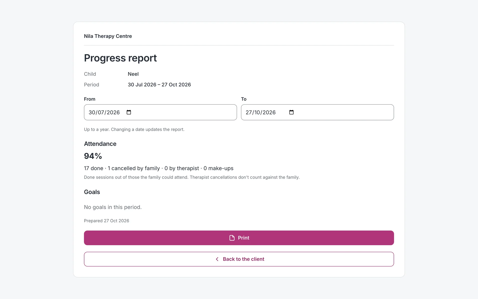 A client's printable progress report: attendance for the period, with no money and no note text
